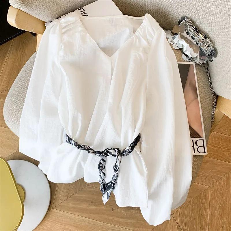

Women s V-Neck Puff Sleeve Peplum Blouse with Scarf Belt S белый