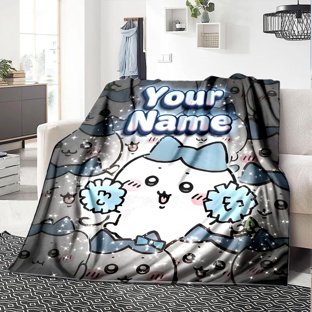 1pc Chiikawa Blanket with Custom Name, Gift, for Men and Women, Soft Blanket, Good for Sofa Bed Couch Travel, Lightweight Flannel Blanket