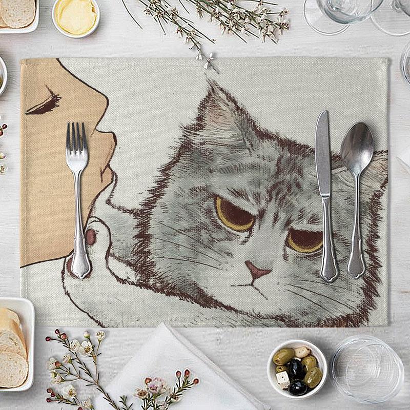 Cartoon Cat Placemat Cotton Linen Table Mat Kawaii Cats Animal Pattern Place Mats For Children Kids Kitchen Dinning Coaster Pad