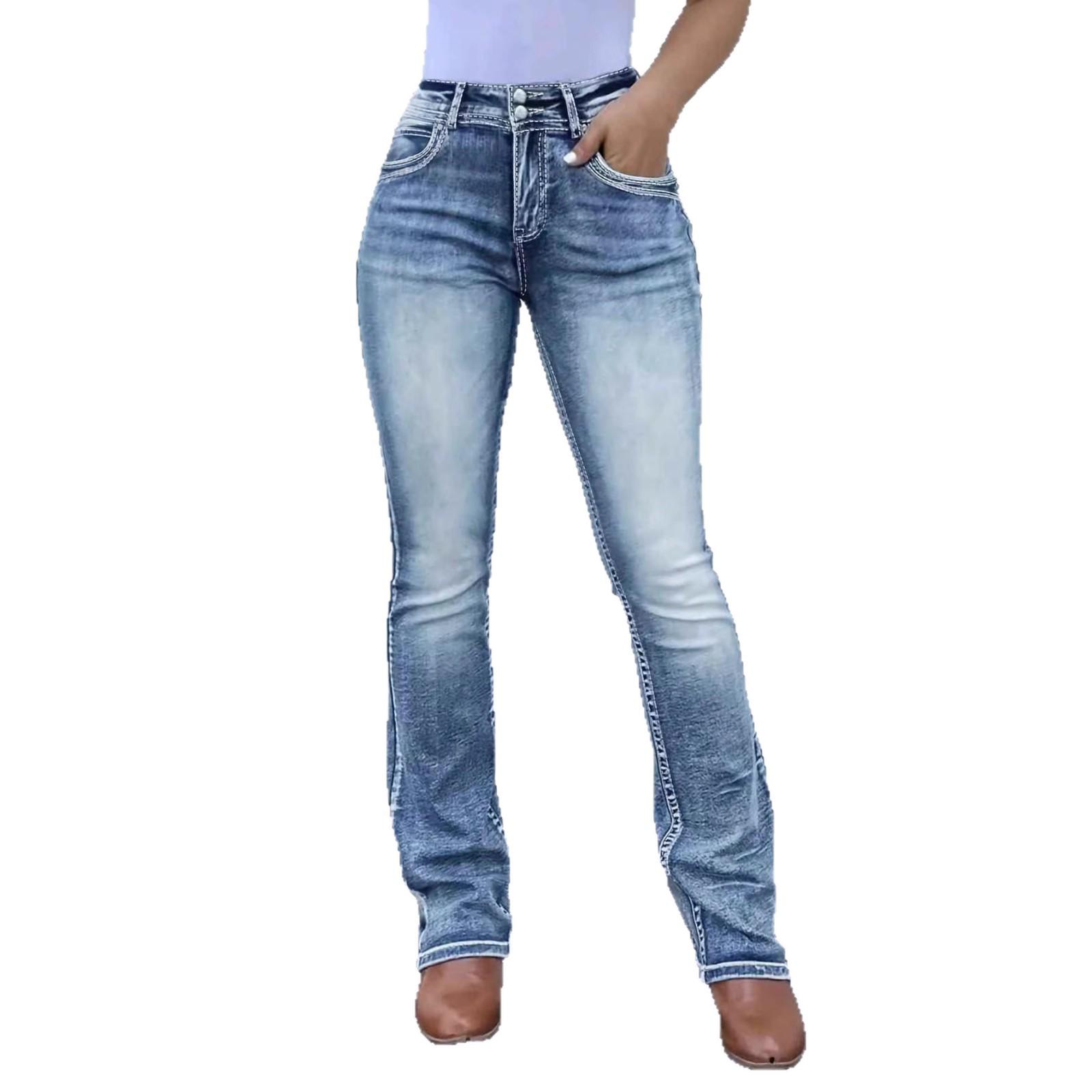 Women s Retro Elastic Pocket Embroidery Patchwork Washed Flare Jeans XL синий
