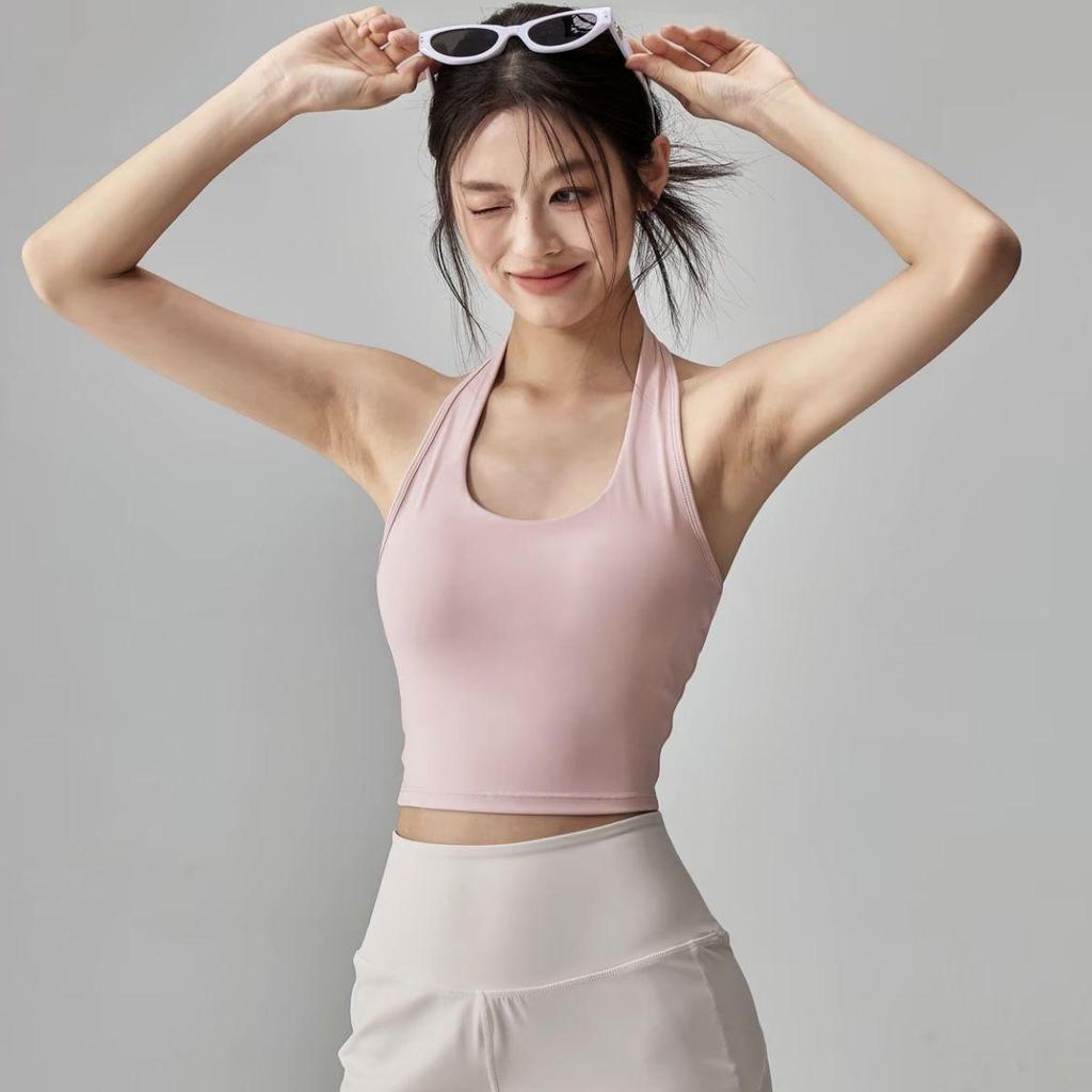 Women's Halter Neck Yoga Tank Top with Chest Pads & Cross Straps - Sexy Fitness Camisole Crop for Pilates