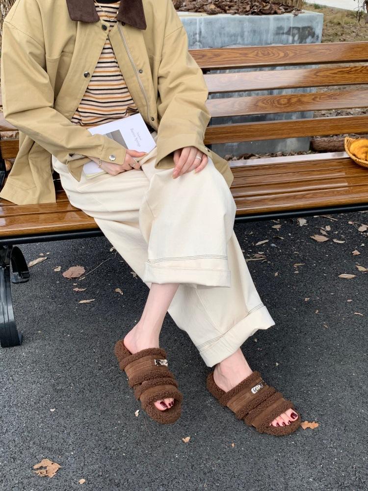 French Gentle Fairy Wind Soft Bottom Round Head Open Toe Metal Buckle Birkenstock One Pedal Lazy Warm Fluff Drag