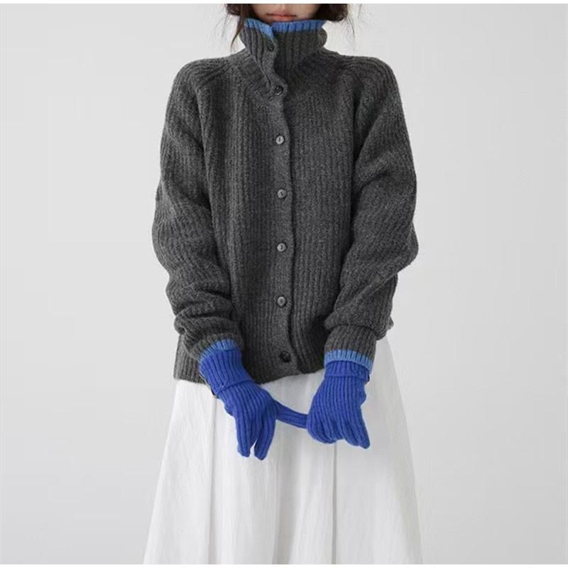 Contrast Knitted Cardigan Women Elegant Stand Collar Thicken Long Sleeve Single Breasted Lady Jumper 2025 Spring New Knitwear