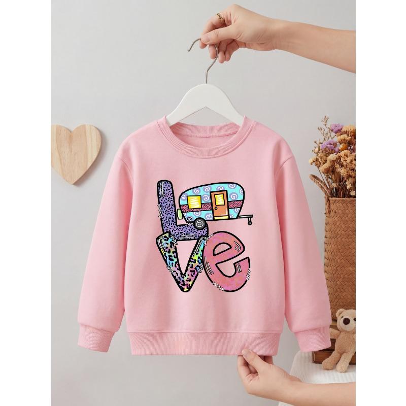 Kids Unisex Crewneck Sweatshirt, Colorful Leopard Print "Love" With Camper Car Cartoon Print Black Soft Fleece Pullover
