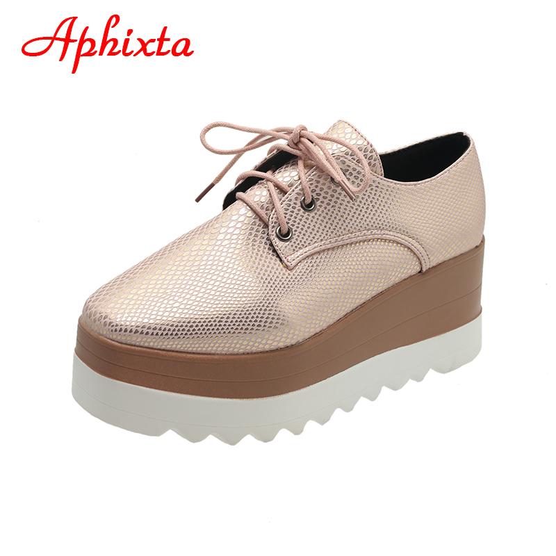 Aphixta Flat Platform Shoes Woman Lace-up 7cm Shoes Gingham Height Increaming Women's Shoes Ladies Plus Big Size 42