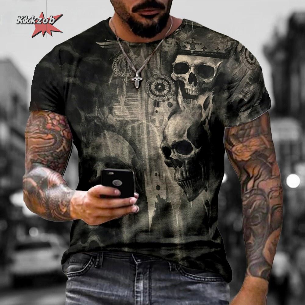 

Летний топ с круглым вырезом и 3D принтом черепа в стиле хоррор, модная повседневная мужская футболка с коротким рукавом S