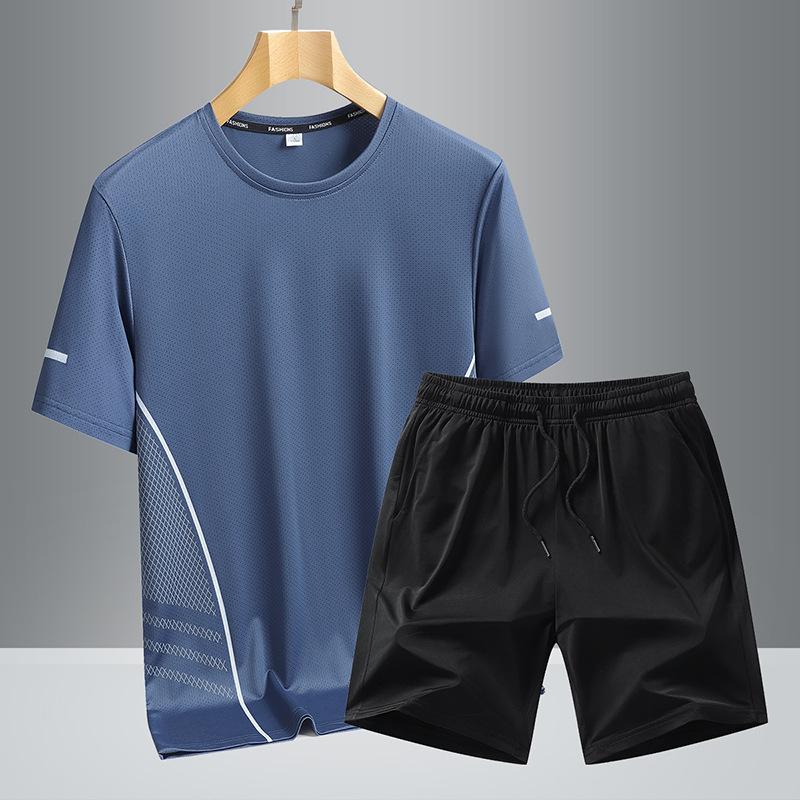 Quick Drying Short Sleeved Men's Summer Ice Silk Half Sleeved Loose and Breathable Fitness Running Set, Quick Drying Two-piece Set