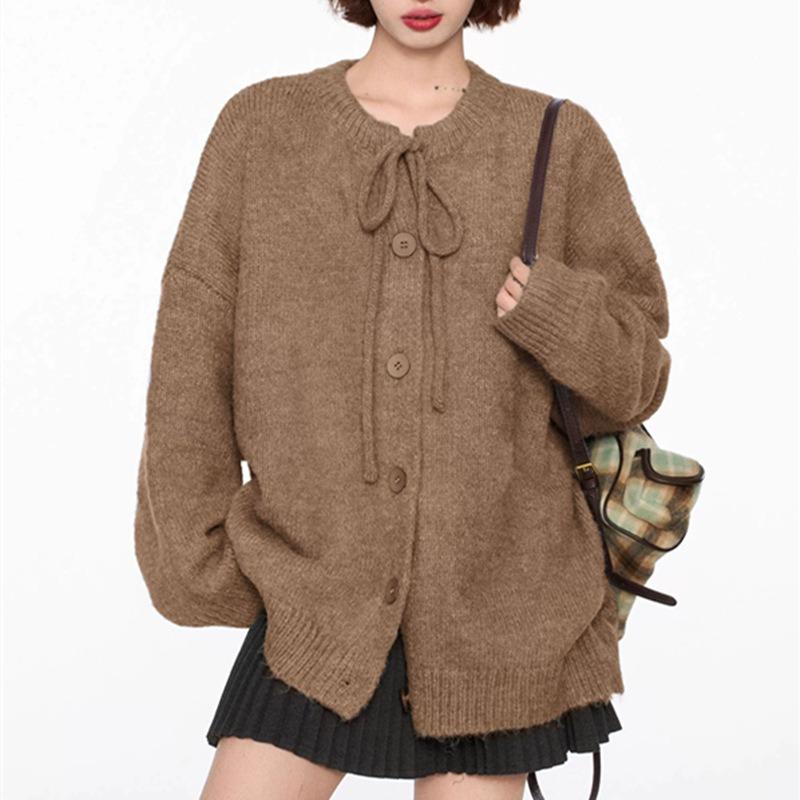 Retro bow sweater jacket women's autumn and winter loose lazy style new knitted cardigan top women