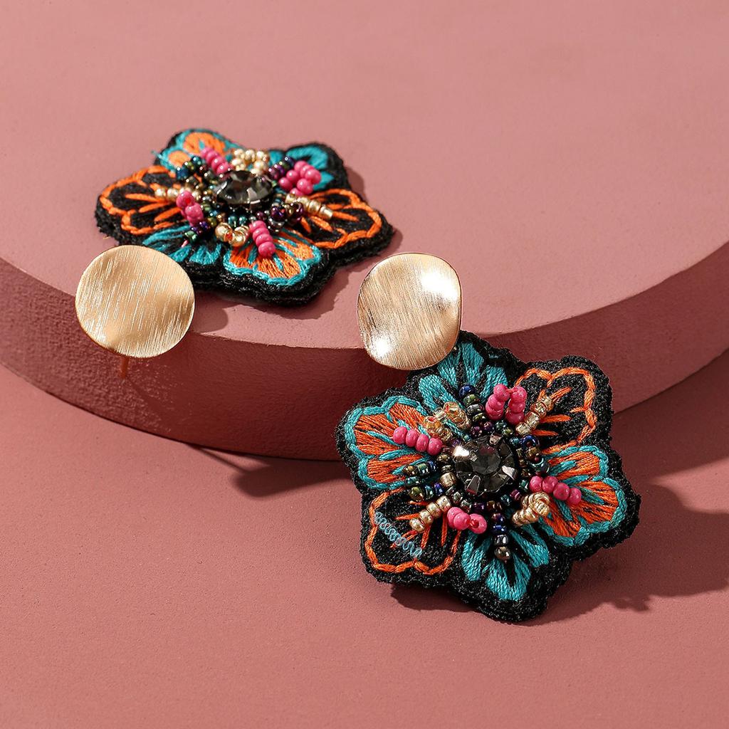 Handmade Embroidered Flower Dangle Earrings For Women Boho Luxury Elegant Colorful Rice Beads Decor Pendant Fashion Jewelry Gift