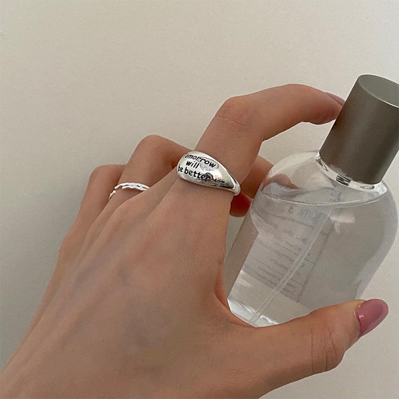 Korean S925 Sterling Silver Wide Band Ring, Niche Letter Design, Cold Aesthetic Fashion for Women, High-End Look, New Style Index Finger Ring