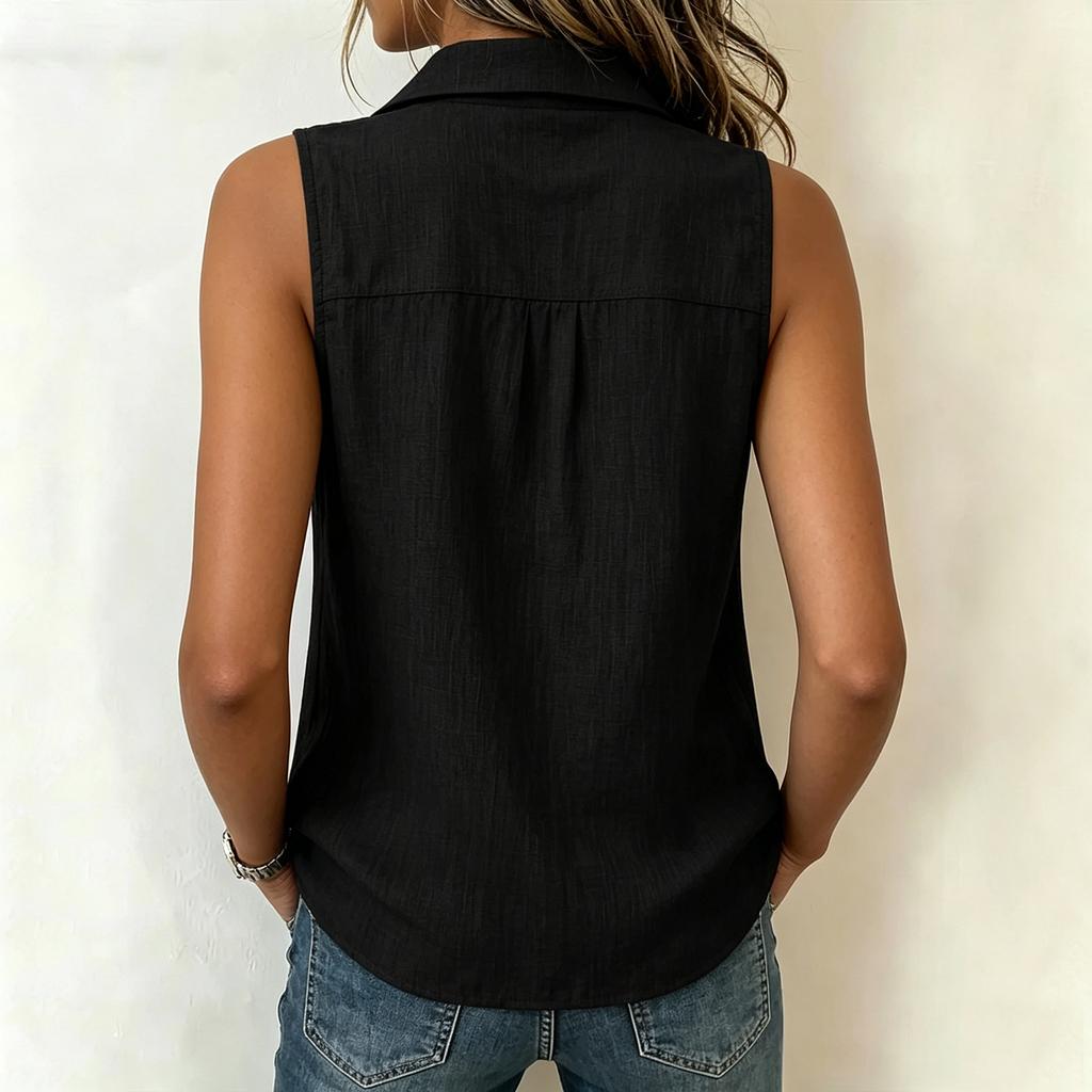 Women's Summer Sleeveless Button Front Shirt V Neck Collar Casual Loose Fit Lightweight Blouse for Everyday Wear