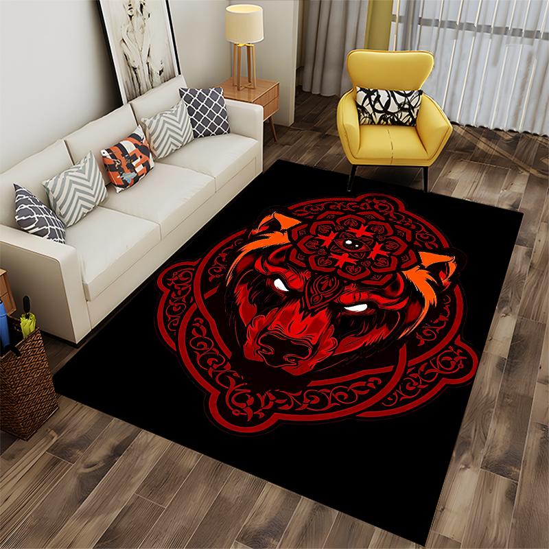 "Red Wolf Head Pattern Carpet with Mandala Design On Black Background" Suitable for Use As an Anti-slip for Living Room Bedroom Sofas