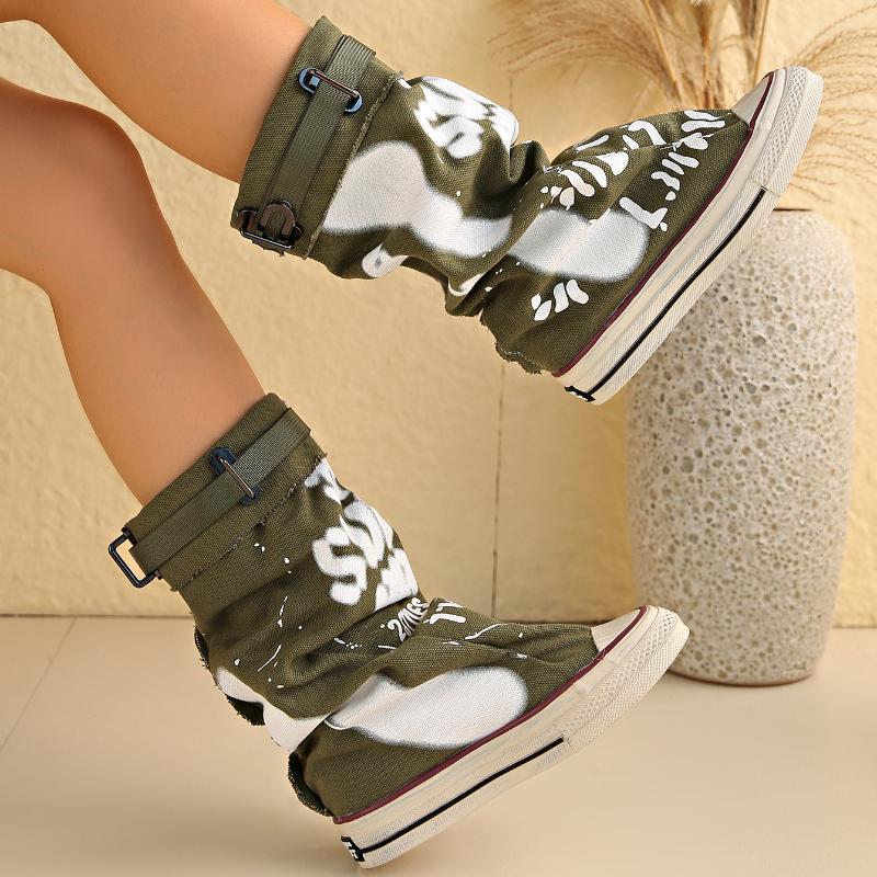 Graffiti 2026 New High Top Canvas Shoes Women's Spring Boots Wide Barrel Mid Barrel Boots 2026 New Trouser Barrel Stacking Boots