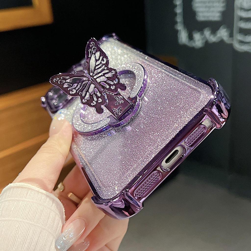 Elektroplatovaný třpytivý motýlí stojánek pro telefony Apple 13/14/15/16 PRO, odolný proti pádu, ochrana čtyř rohů