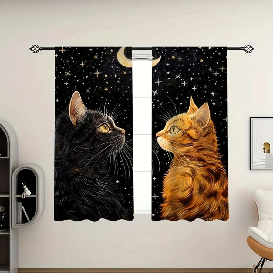 2pcs- Orange Cat Pattern Printed Curtains Under the Starry Sky, Bag-type Curtains, Home Decoration, Room Decoration
