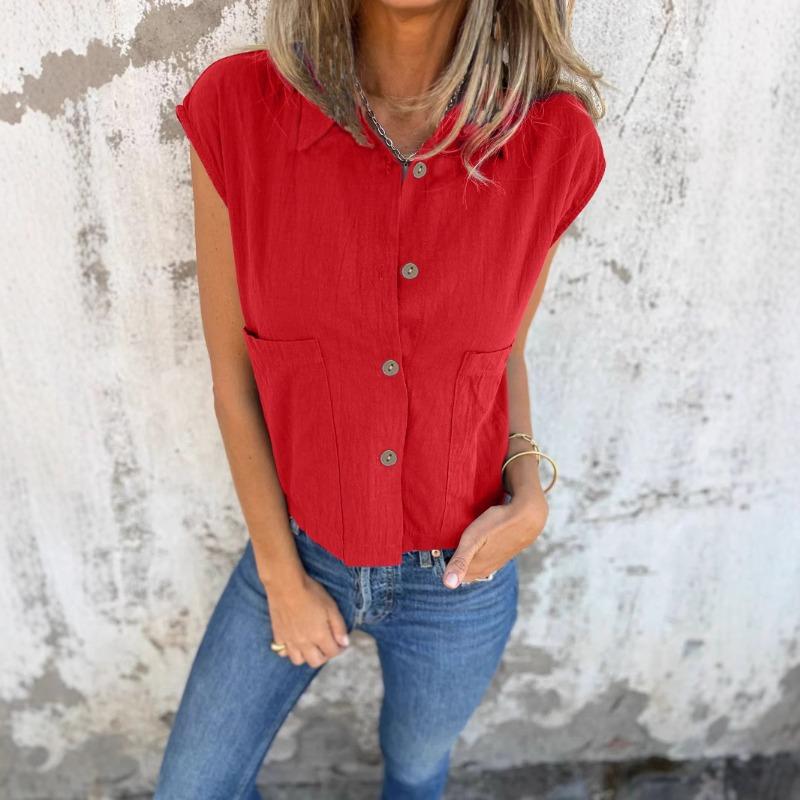 Summer Blouses Collar Loose Pocket Short Sleeved Women's Shirts Solid Color Fashion Shirt Top
