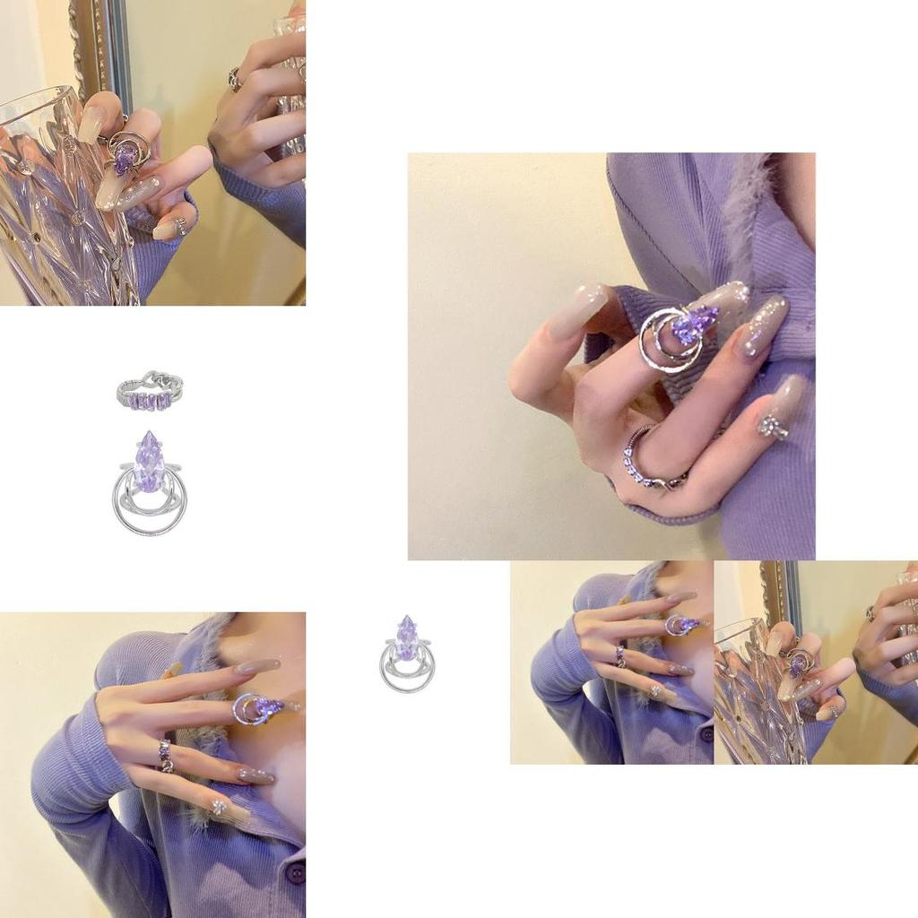 Irregular Purple Water Drop Rhinestone Zirconia Chain Ring For Women Stylish Fashion Accessory