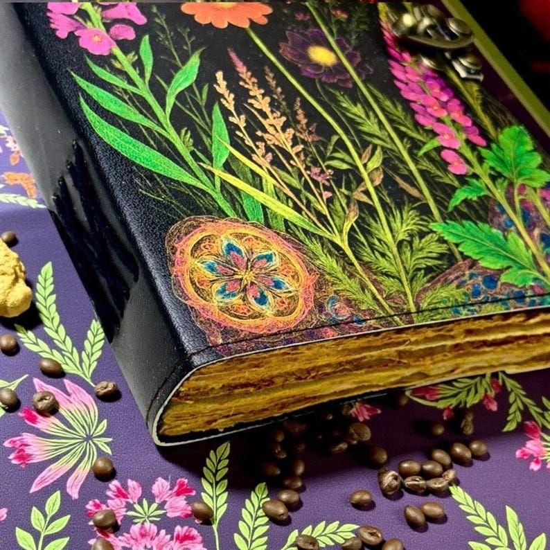 Moonlit Wildflower Leather Grimoire | Handmade Spell Book of Shadows, Vintage Deckle Paper Journal, Unique Wildflower Gift for Him and Her