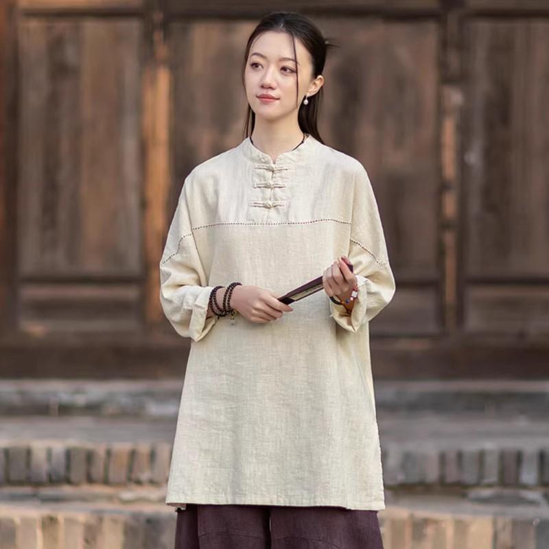 Johnature Women Vintage Shirts Tops Spring Chinese Style Solid Color Stand Long Sleeve Blouses