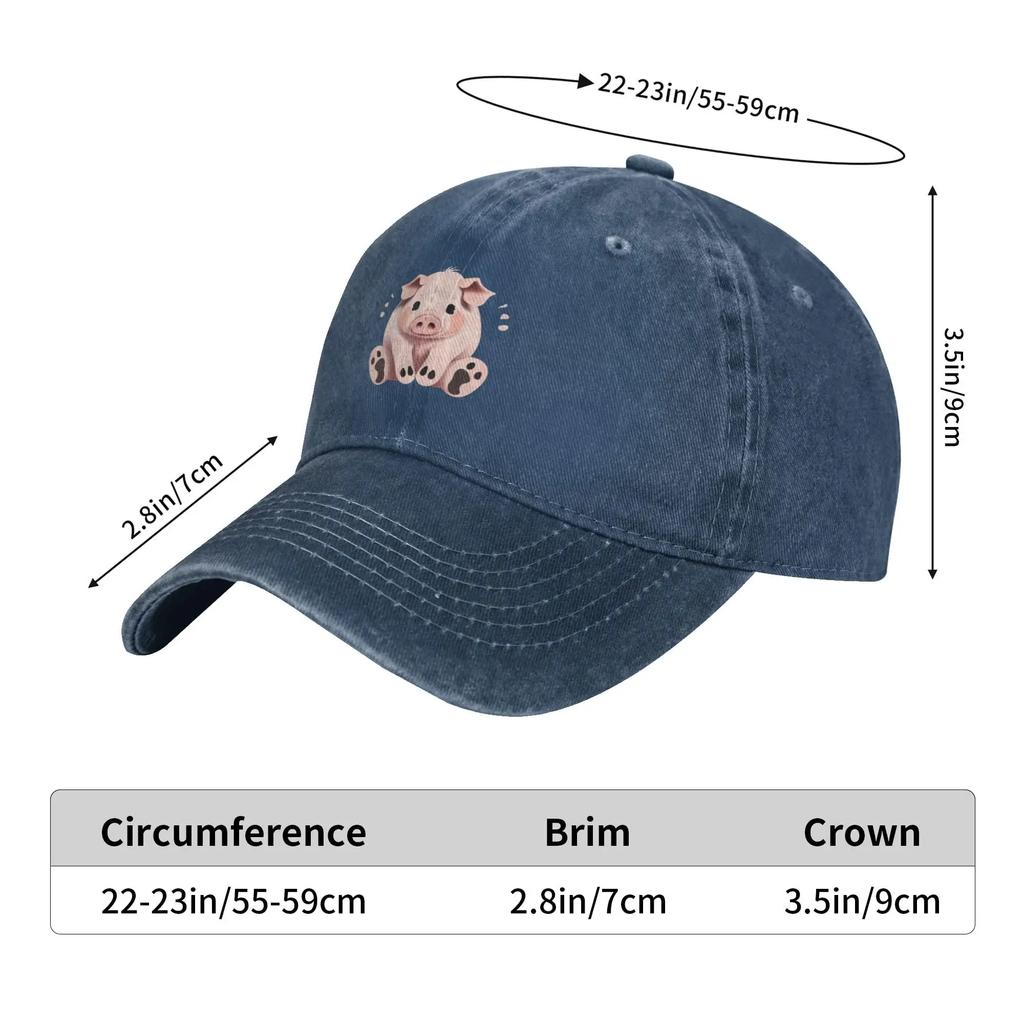 Cute Pig Print Denim Baseball Cap Adjustable Washed Cotton Sun Hat for Adult Unisex Casual Outdoor