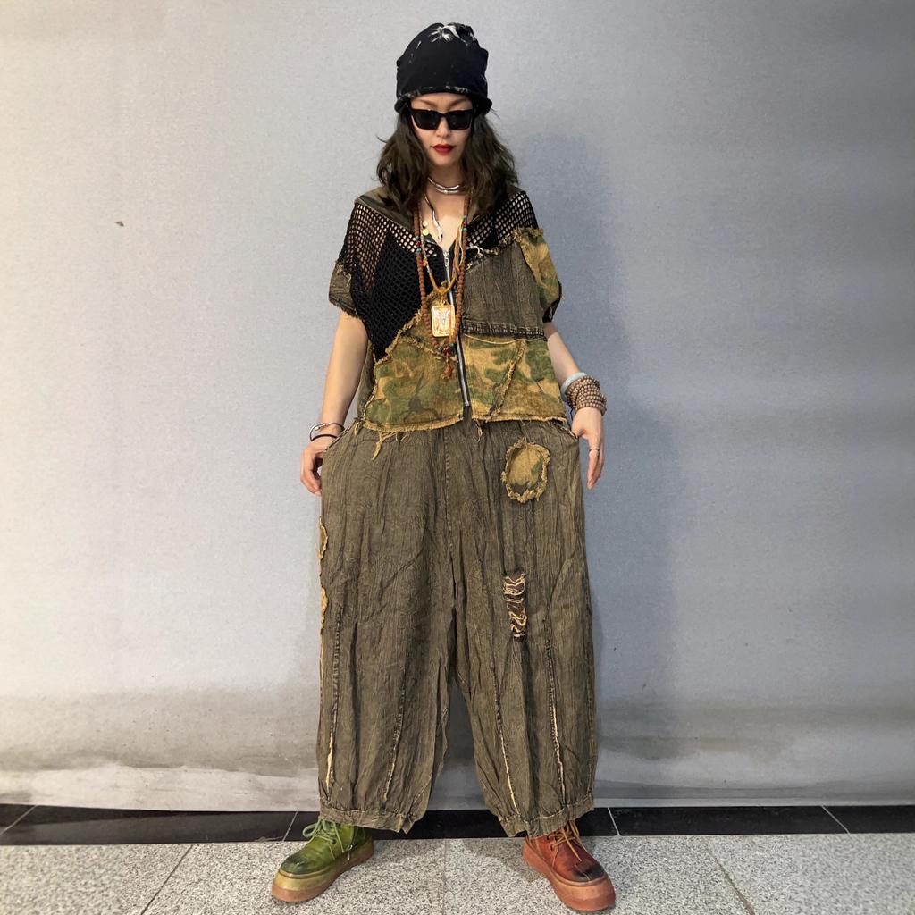 Personality Trendy and Cool Denim Splicing Mesh Hooded Cardigan Jacket Wide-leg Pants Two-piece Set Women's Summer Loose Fashion Suit