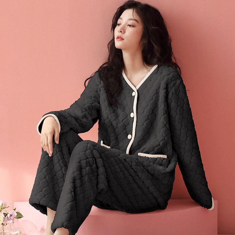 Coral Velvet Pajama Lady Autumn Winter Thickened Sweet Pure Wind Warm Flannel Luxury Outing Home Wear Set Comfortable Antistatic