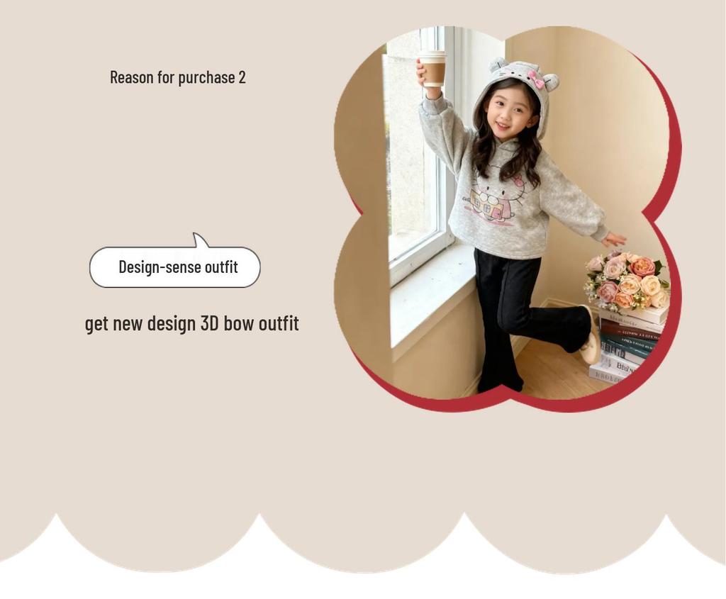 Çocuk Sonbahar/Kış 2025 Karikatür Fiyonklu Kapüşonlu Sweatshirt ve İspanyol Paça Pantolon Takımı