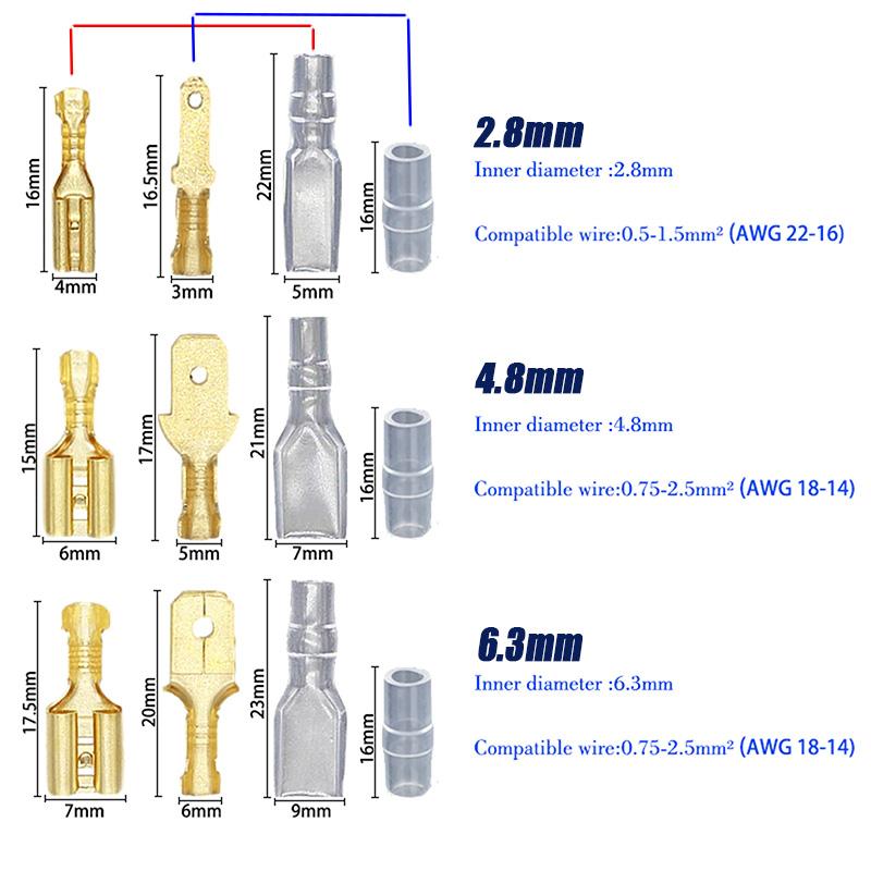 200Pcs Copper Female and Male Crimp Terminal Connectors Aautomotive Speaker Cable Flag Connector 2.8/ 4.8/ 6.3mm With Sheathing