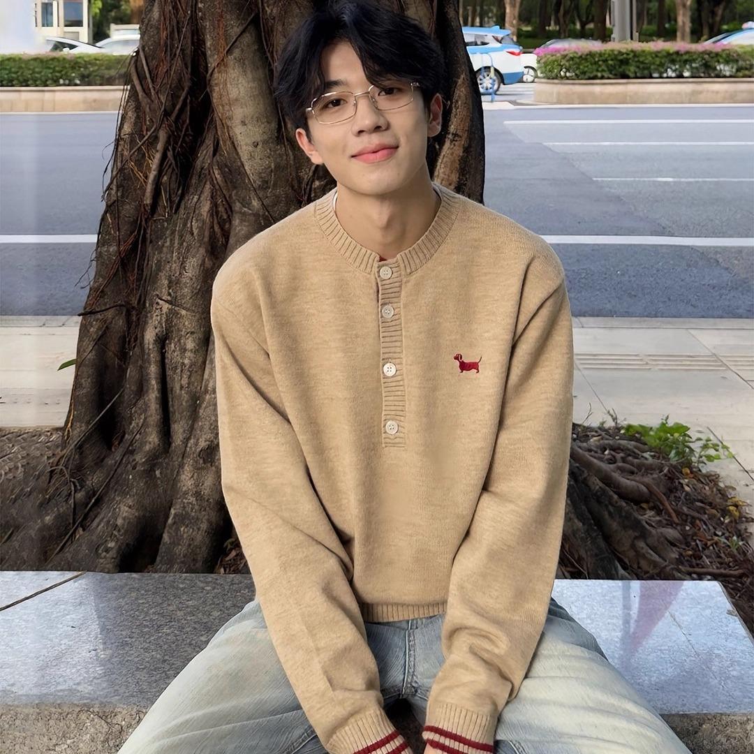 

Khaki Men s Henley Collar Sweater with Little Dog Embroidery, American Old Money Style, Trendy Striped Brown Tones Knitwear. 2XL хакі