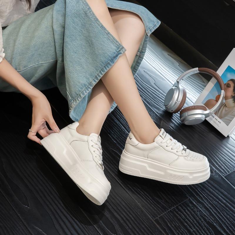 Leather Platform White Shoes Women's Spring and Autumn New Women's Shoes Heightening Muffin Casual Board Shoes