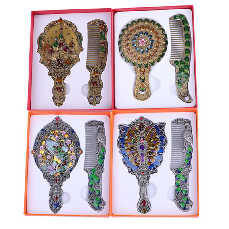 Vintage Russian Handheld Mirror & Comb Set - Retro Metal Design Souvenir