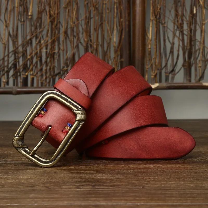 3.8CM Pure Cowhide Genuine Leather for Men's High Quality Jeans Copper Brass Buckle Belts Cowboy Waistband Male Fashion Designer