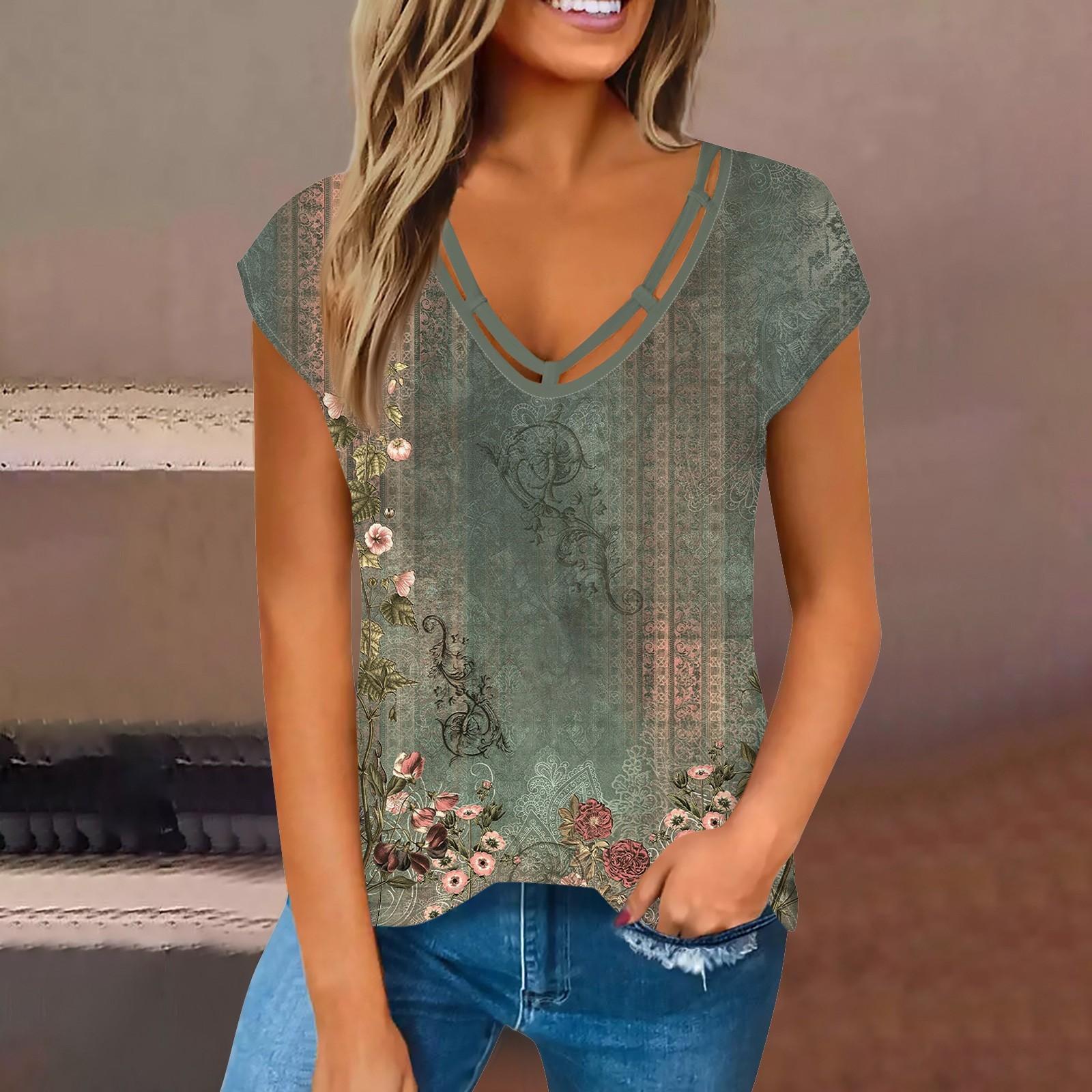 

Женская модная повседневная рубашка с v-образным вырезом, свободная футболка с короткими рукавами и принтом, женский топ, жилет XL зелёный