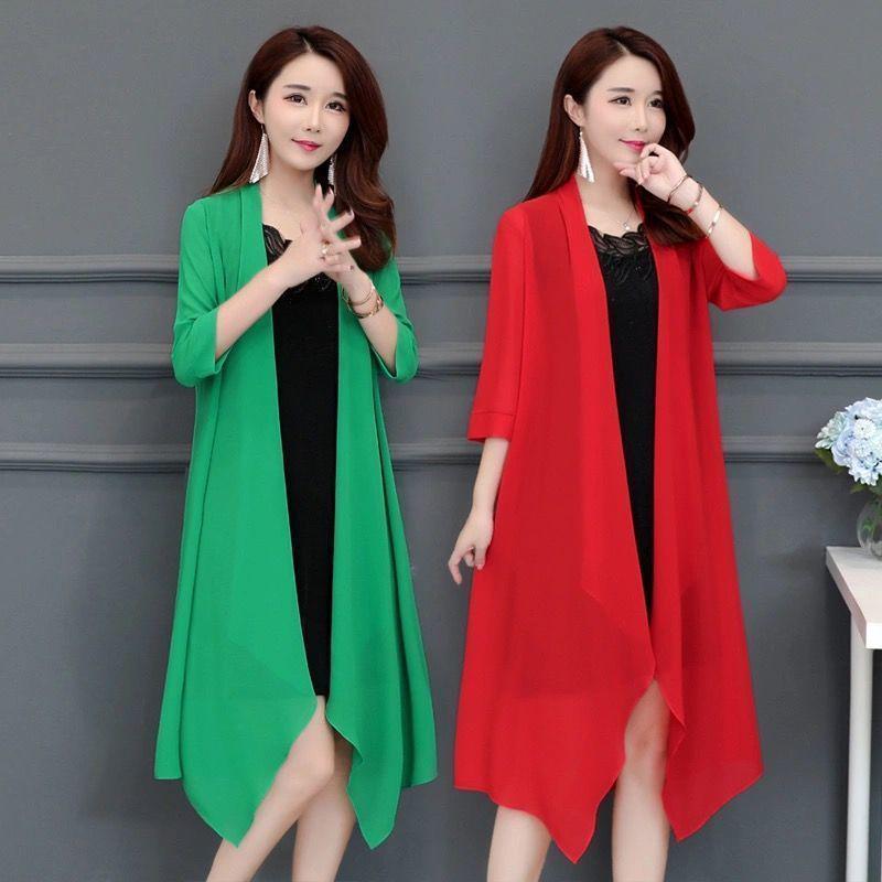 Women's Plus Size Chiffon Cardigan Trench Coat: Mid-Length, Versatile Spring/Summer Shawl for Middle-Aged & Elderly with Sun Protection.