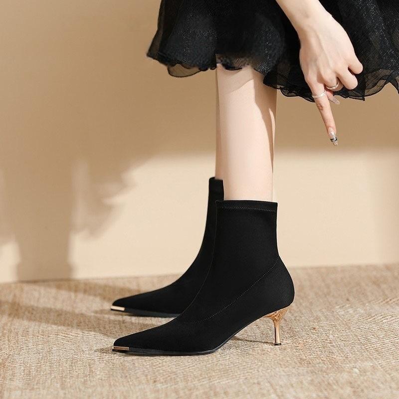 Skinny boots temperament high heel pointed fleece short boots thin heel single boots look thin 34