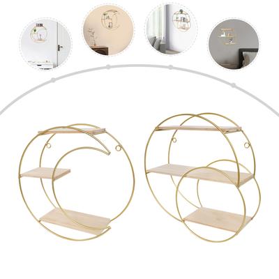 3-tier Iron Storage Display Rack,Golden Round/Round+ Moon Wall Mounted Shelf for Living Rooms