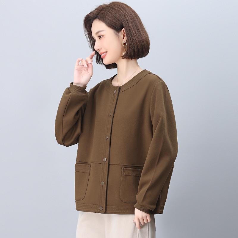 Women's Spring-Autumn 2025 Fashionable Age-Defying Round Neck Cardigan - Thin, Stylish Sweatshirt for Middle-Aged Moms