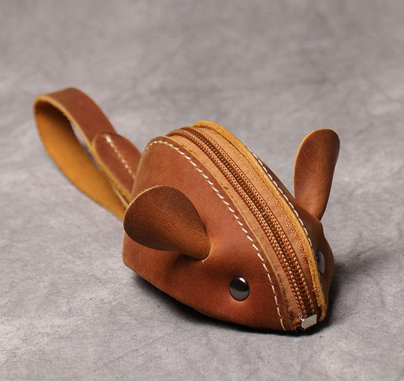 Genuine Leather Small Coin Purse Creative Lovely Rat Zipper Key Case Men Women Portable Key Wallets  Children's Key Bags