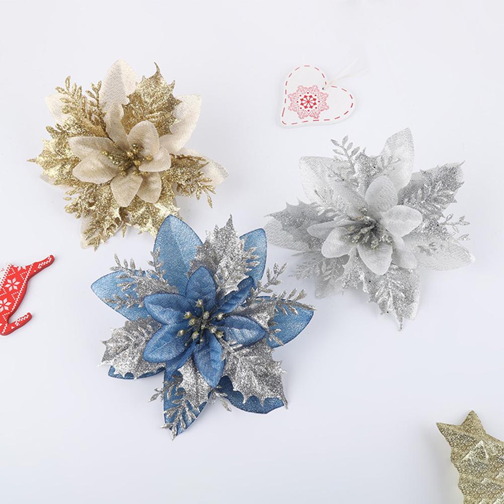 10/20Pcs Christmas Flowers Decor 15cm Glitter Flowers Decors for Christmas New Year Party Supplies