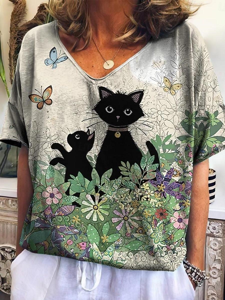 

Women s T Shirt Floral Cat Fashion Modern Casual Short Sleeve V Neck Regular Tops 5XL