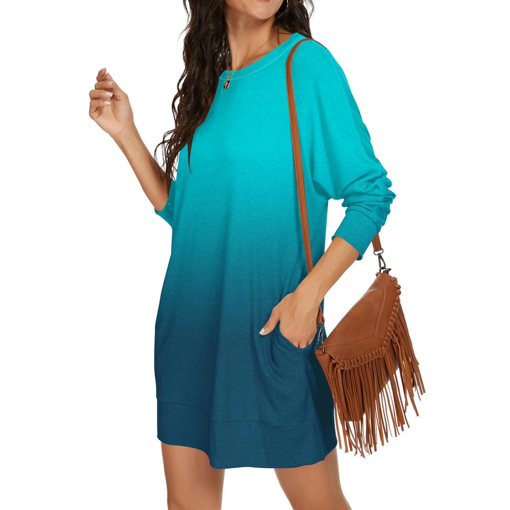 Women's gradient printed fashionable long-sleeved round-neck pocket dress