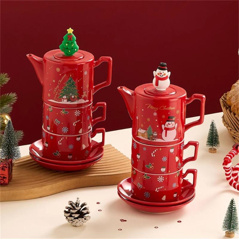 Red Ceramics Teaware Sets Santa Claus Snowman Elk Teapot Teacup Christmas Coffee Cup Saucers Stackable Xmas New Year Gifts