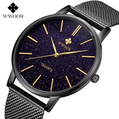 WWOOR Męski Zegarek Kwarcowy z Paskiem Star Face Mesh Wodoodporny