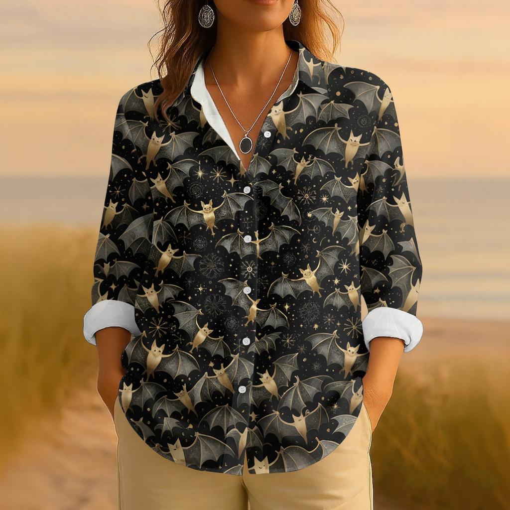 Dame Retro Halloween Trykket Knappelukking Langermet Casual Vanlig Skjortekrage Topp
