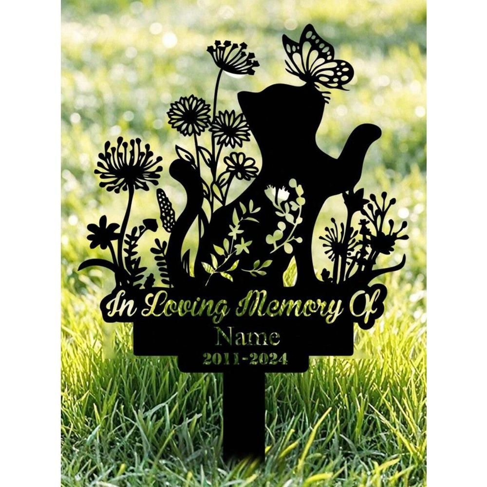 Metal Cat Memorial Garden Stake, Butterfly Flower Cat Loss Gift, Pet Sympathy Cemetery Decor