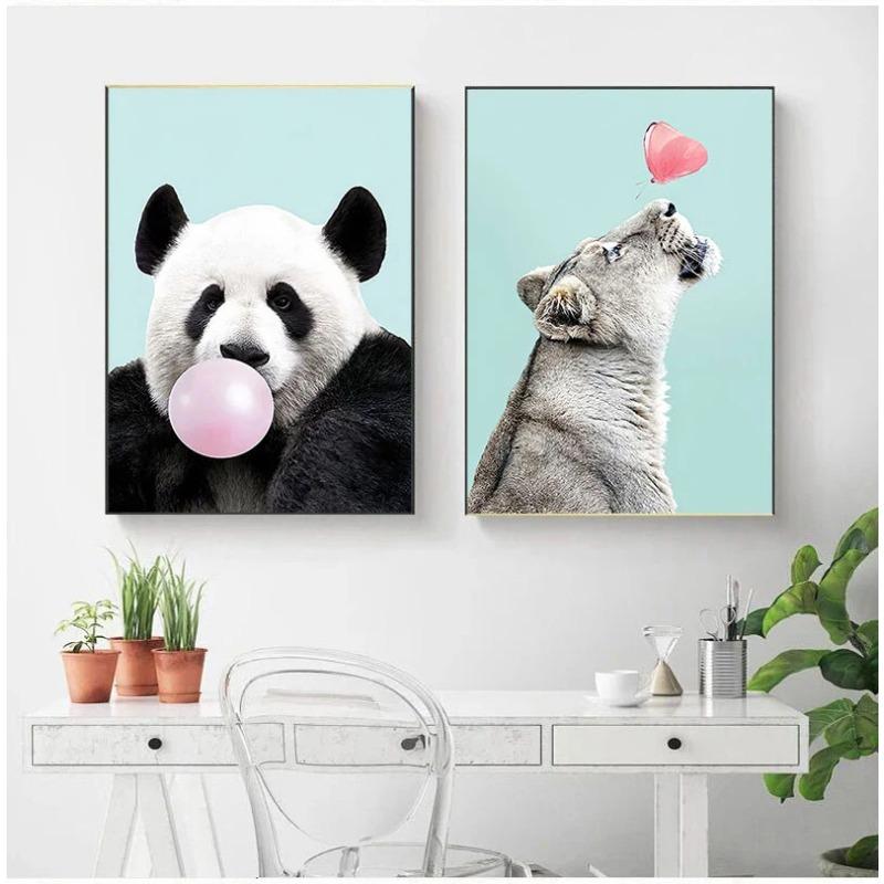 Poster und Drucke mit Giraffe, Panda und Blase, süßes Bild für Kinderzimmer, Leinwandgemälde, wasserfestes Material, ohne Rahmen