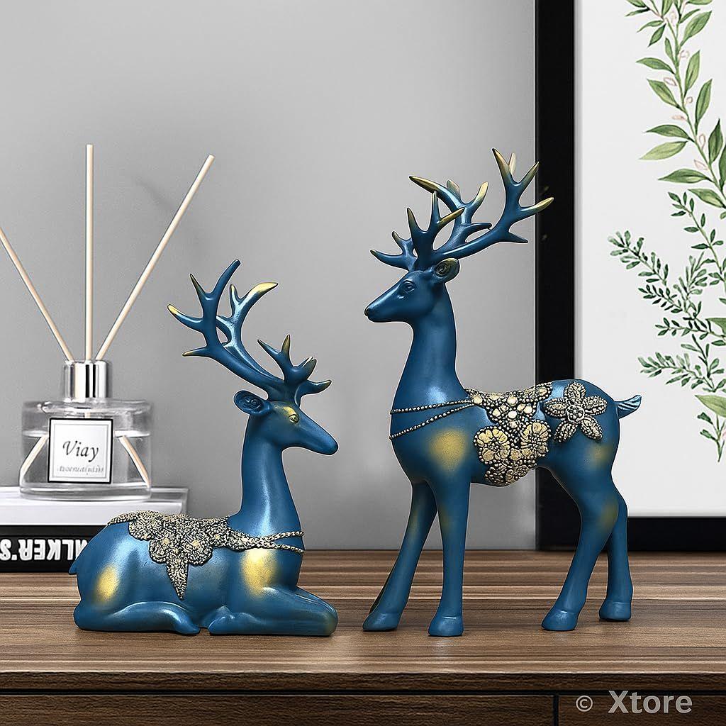 Creative Resin Golden Reindeer Sculptures | Beautiful Home Decor | Lifts up Energy of Your Room - (Pack of 2, Blue)