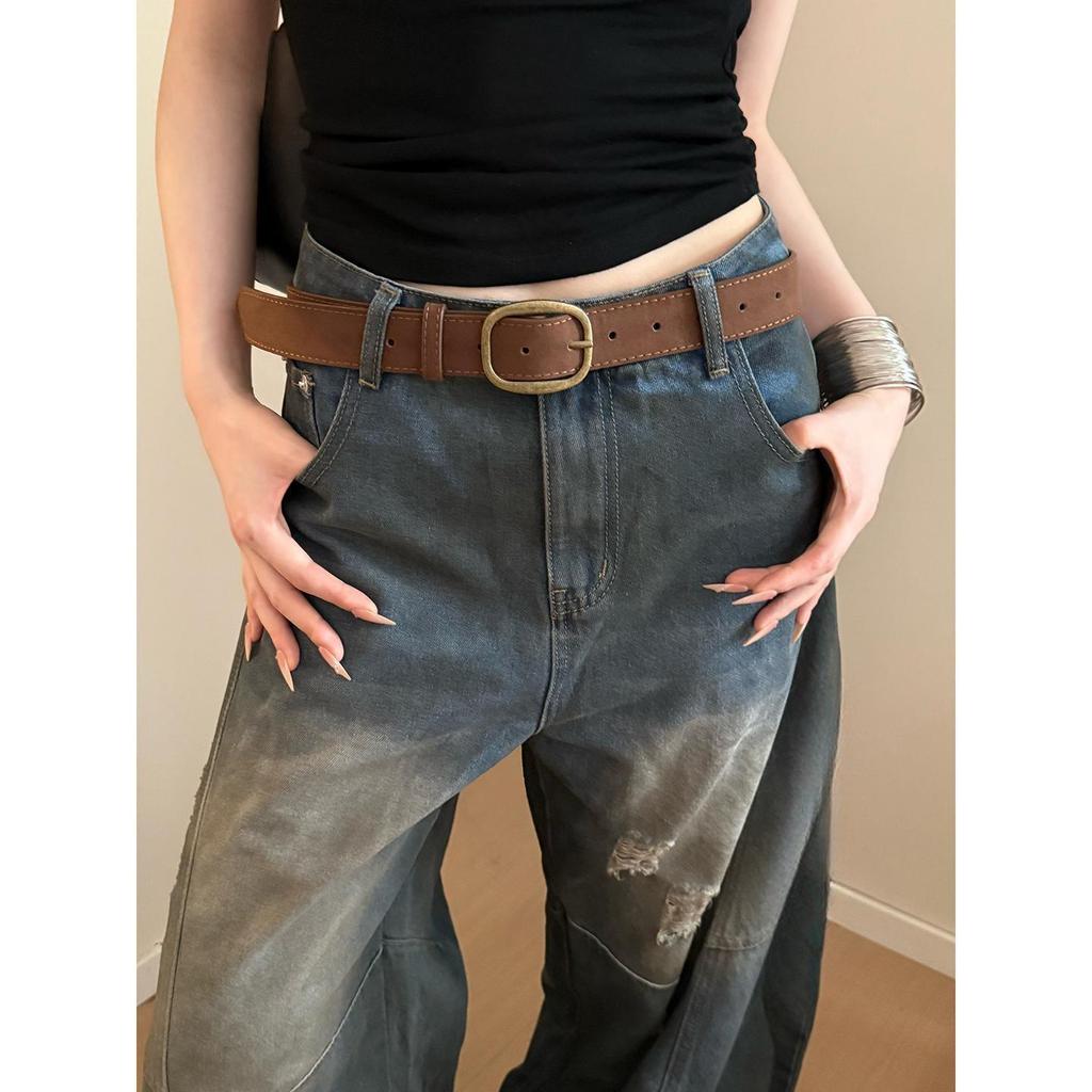 Vintage Retro Pu Leather Wide Belt For Women With Zinc Alloy Buckle For Denim Waist Accessory