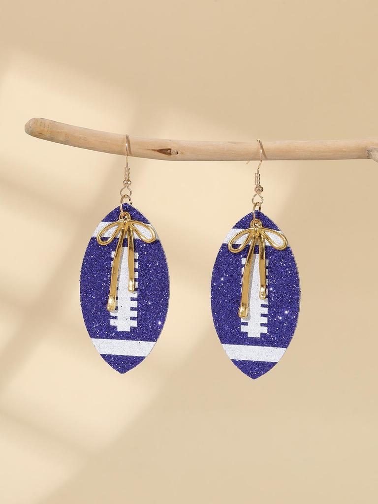 European-American Super Bowl Sporty PU Leather Football Earrings with Alloy Bowknot