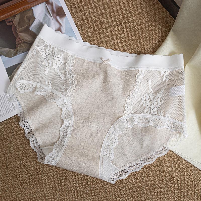 Damen Frühling und Sommer Reine Baumwolle Spitze Mesh Nahtlos Atmungsaktiv 7A Antibakterieller Baumwollzwickel Hüftbund Dreiecksslip